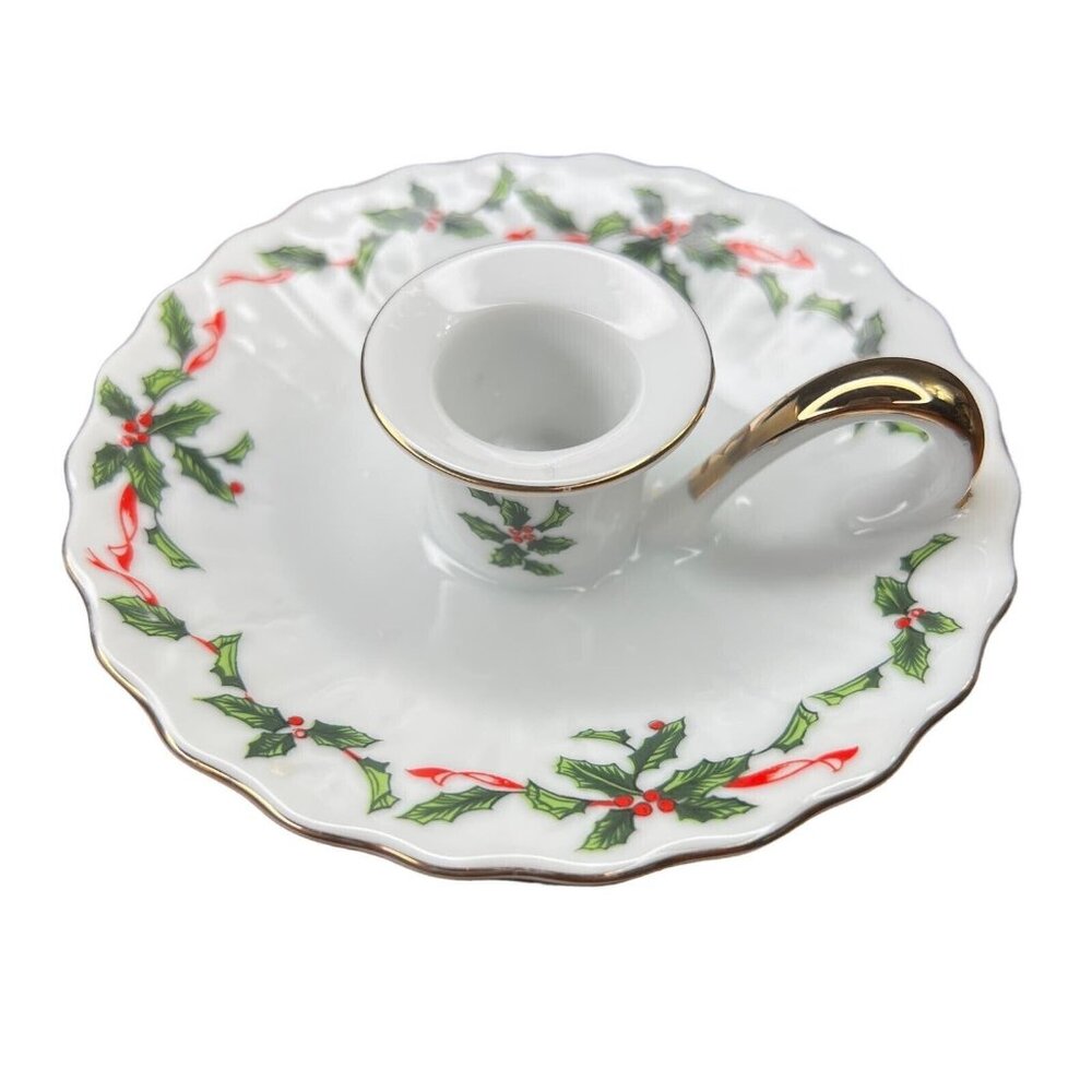Vintage Lefton China Gold Trim Holly Berry Taper Candle Holder 03053 Japan